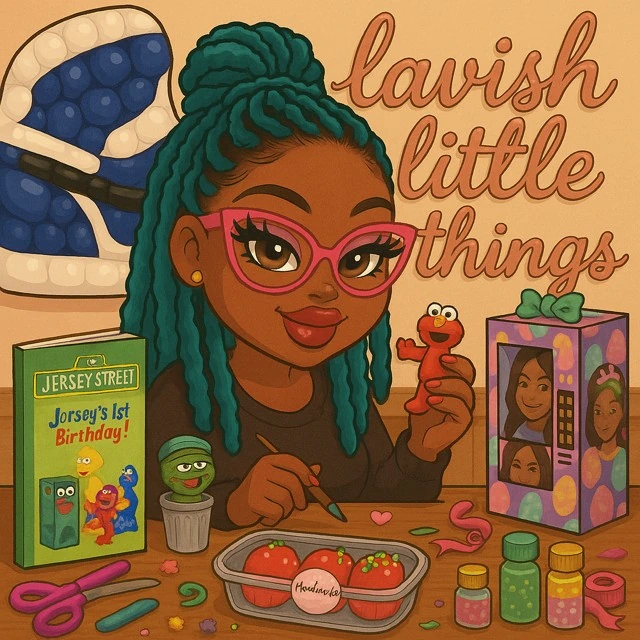 Tasha’s brand illustration, showing her at her craft table